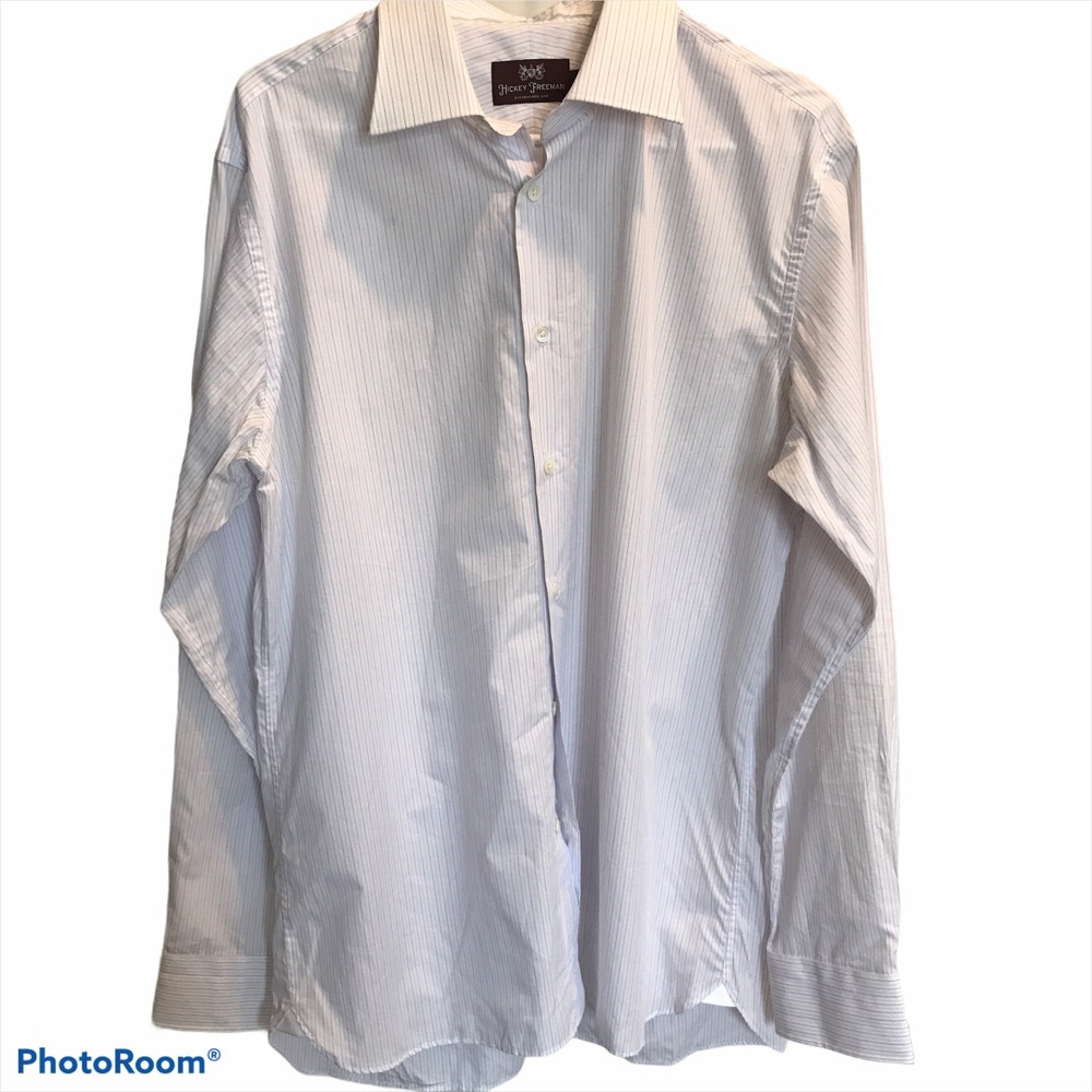 Hickey Freeman Dress Shirt 16 White Purple Pinstripe Excellent Cotton Top